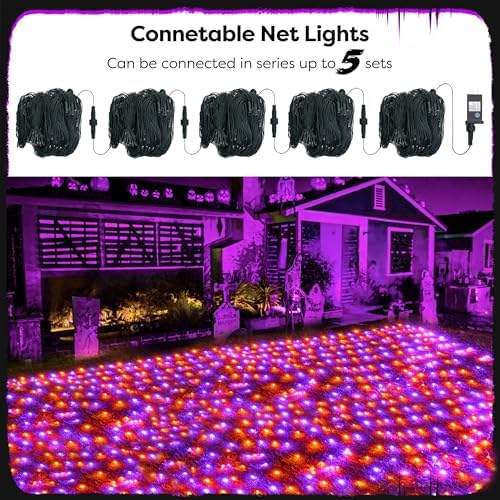 WBao Orange Purple Halloween Lights Outdoor 200LED F8 Big Bulbs, 8.4ft x 5.2ft Halloween Net Lights with 8 Modes, Timer, Connectable, Waterproof & Dark Green Wire for Lawn, Bushes Outdoor Decorations - Image 5