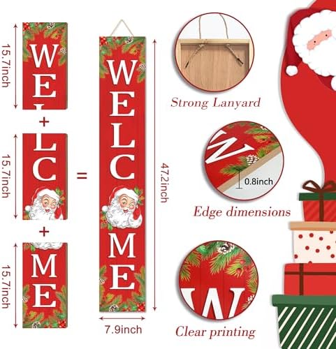 Christmas Wooden Porch Sign 47" Santa Claus Large Welcome Porch Sign for Home Front Door Yard Party Decor(Red) - Image 2