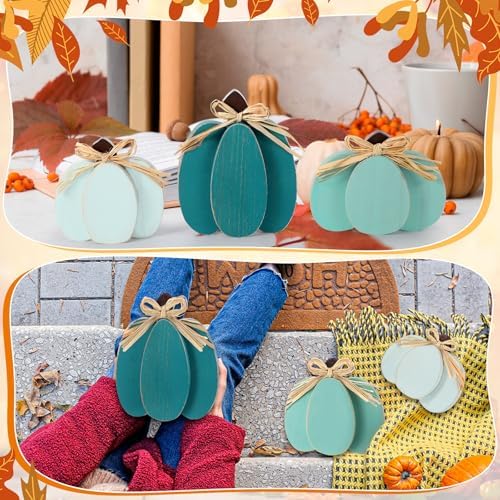 Ferraycle 3 Pcs Fall Pumpkin Decor Fall Wooden Signs 3D Pumpkin Tabletop Decor Farmhouse Sign Rustic Tiered Tray Decorations Block Centerpieces Standing Sign for Home Kitchen Harvest(Blue Color) - Image 5