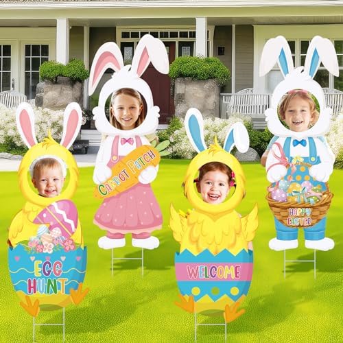 Chunful 4 Pcs Easter Face Yard Outdoor Decorations Large Bunny Chick Lawn Sign with Stakes Waterproof Happy Easter Yard Signs for Egg Hunt,photography, Spring Outdoor Lawn Garden Decor - Image 3