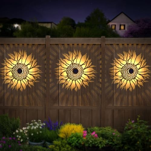 Hapjoy Solar Fence Lights 2 Pack Outdoor Deck Step Wall Lights Metal Waterproof LED Warm Yellow Light for Garden Post Patio Backyard Yard Decor (Sunflower, 2) - Image 3