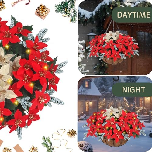 Artificial Fake Christmas Hanging Flowers Plants Basket with LED Lights, Faux Poinsettia, Pine Branches, for Outdoor New Year Xmas Decoration, Porch Home Holiday Decor (Frosted pine branches) - Image 3