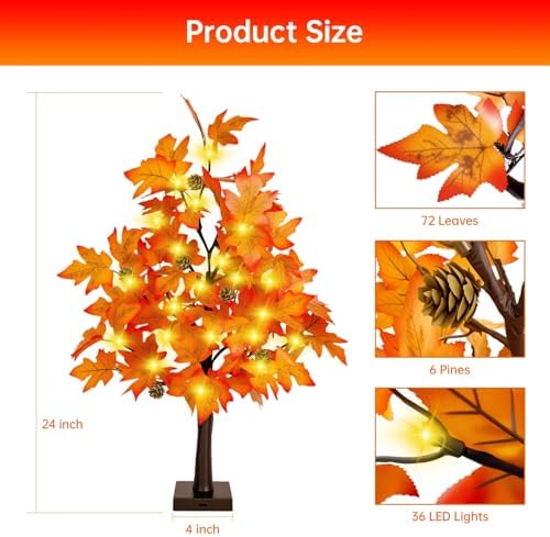 Fall Decor 2FT Lighted Maple Tree - 24 Inch Tabletop Fall Tree with 36 LED Lights, 72 Maple Leaves, 6 Pines, Timer, Battery or USB Operated Artificial Tree Fall Decorations for Home - Image 3