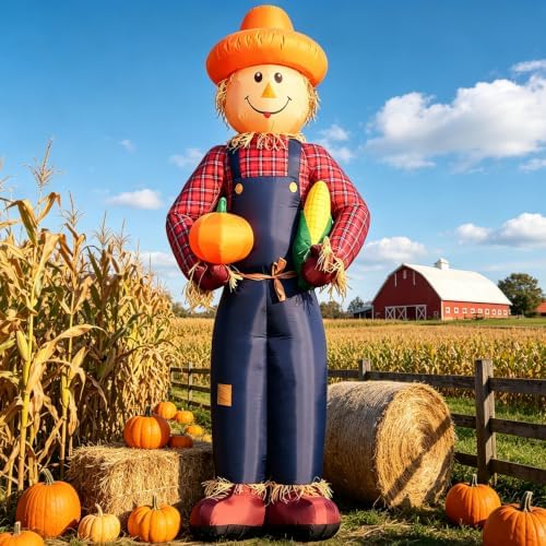DomKom 12FT Fall Inflatable Scarecrow, Scarecrow Farmer Hold Corn and Pumpkin, Harvest Thanksgiving Blow Up Decorations, Built-in LEDs for Holiday Party, Garden, Lawn, Yard, Patio Décor by DomKom