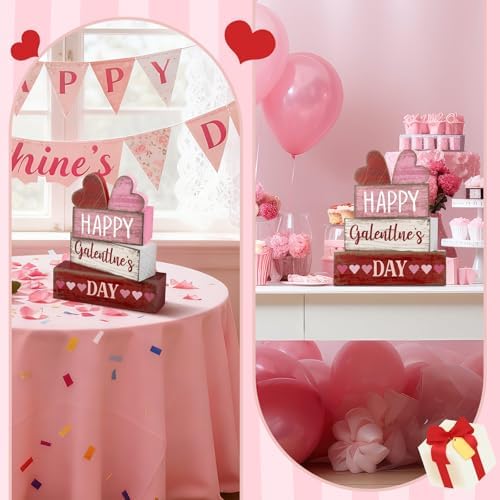 Yuntau 5 Pcs Happy Galentines Day Decorations Wood Block Tiered Tray Decor - Image 6