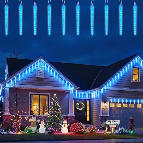 Christmas Icicle Lights Outdoor, 10Ft. Meteor Shower Lights with 10 Large Icecycles, Snowfall Shooting Star Light Effect, Falling Crystal Christmas Decorations for House Eave Roofline Patio, Blue by Brightown