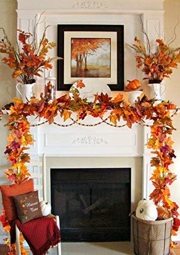 DearHouse 2 Pack Fall Garland Maple Leaf, 5.9Ft/Piece Hanging Vine Garland Artificial Autumn Foliage Garland Thanksgiving Decor for Home Wedding Fireplace Party Christmas (Orange) - Image 2