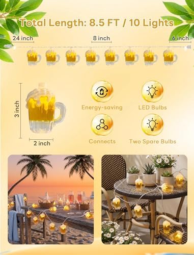 Beer Mug String Lights, 8.5FT 10 LED Summer Lights with UL Certified Plug, Waterproof Tropical Party Decorations for Patio, Warm White Hawaiian String Lights for Garden Backyard Bedroom Bar Decor - Image 5