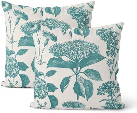 Aqua Teal Pillow Covers 18x18 Inch 2 Pcs Boho Vintage Floral Decor Throw Pillows Hydrangea Flower Summer Outdoor Farmhouse Neutral Accent Decoration Pillowcase Linen Cushion Cover for Sofa by DAFENA