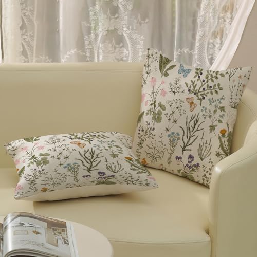 Sage Green Pillow Covers 20x20 Inch 2 Pcs Spring Green Wild Flower Decor Throw Pillows Vintage Floral Botanical Seasonal Summer Outdoor Decoration Pillowcase Linen Cushion Cover for Couch Sofa - Image 4