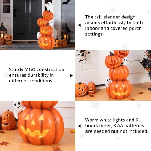 Glitzhome 33.25"H Halloween Lighted Stacked Jack-O-Lantern Porch Decor,MGO Pumpkin Ghost Statue with Timer,Scary Halloween Decoration for Indoor Outdoor Front Door Party Yard - Image 3