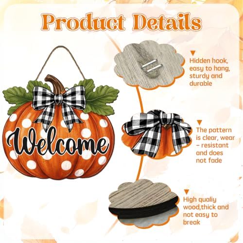Fall Pumpkin Front Door Sign Rustic Pumpkin Thanksgiving Welcome Door Decorations Wood Sign Autumn Harvest Wreath Door Hanger Buffalo Plaid Bow Plaques Wall Hanging Decor for Home Proch Yard 11"x11" - Image 3