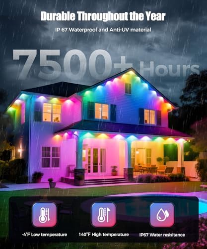 POOFZY Permanent Outdoor Lights for House,200ft RGB+IC Smart Outdoor Decor, 50 Scene Modes,App/Remote Control,IP67 Waterproof,for Christmas,Easter,V-Day,Thanksgiving,Daily & Holiday Party Decor - Image 3