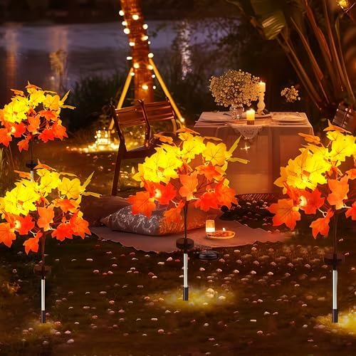 Fall Solar Lights Outdoor Decorative, 2Pack 40LED Solar Fall Lights Waterproof for Yard & Garden,Fall Outdoor Decorations for Yard, Maple Leaf Thanksgiving Halloween Christmas Grave Décor (2 Pack) - Image 2