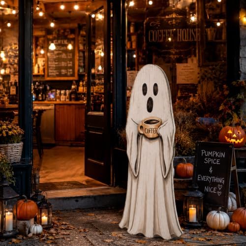 Halloween Porch Sign, Coffee Ghost Wooden Front Door Decor - Image 5