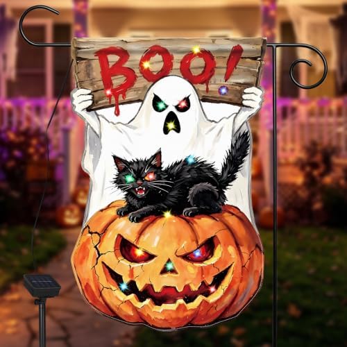 12x18 Inch Lighted Halloween Garden Flag, BOO Ghost Black Cat Pumpkin Yard Flag with Solar LED Lights, Double Sided Outdoor Halloween Decorations for Lawn Porch Garden by GCCL