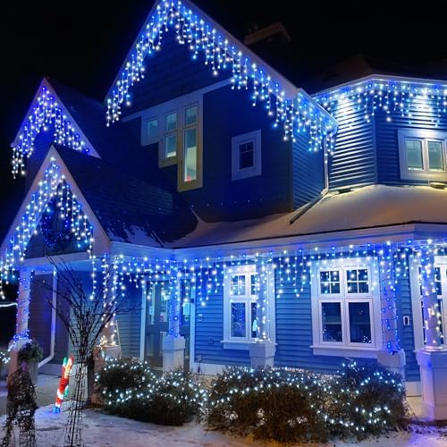 99ft Icicle Lights for Outside, Blue and White Christmas Lights Outdoor Indoor, 1216 LED Twinkle String Light with 228 Drops Curtain Light for Thanksgiving Room Home Wall Bedroom Window Decoration - Image 2