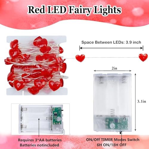 Red Heart Fairy Lights Battery Operated 10FT 30LED Valentines String Lights - Image 4