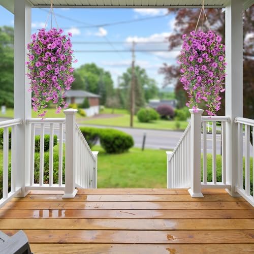 Sggvecsy Artificial Fake Hanging Flowers Plants for Outdoor Outside Spring Summer Decoration 2PCS Faux Silk UV Resistant Realistic Mums Daisy with Eucalyptus for Home Porch Patio Balcony(Magenta) - Image 3