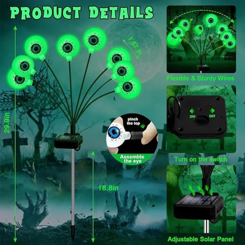 Halloween Outdoor Decorations, 2 Pack 16 LED Eyeball Solar Garden Lights, 8 Modes Scary Halloween Lights Waterproof for Yard Garden Lawn Pathway Party Decorations (Green) - Image 2