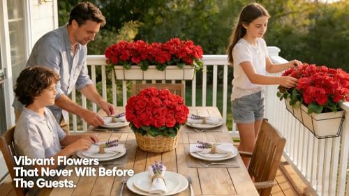 Geranium Artificial Flowers for Outdoors Spring UV Resistant Silk Geranium Red Fake Flower Outdoor Plants for Garden Home Porch Courtyard Window Box Decoration 4 Pcs - Image 6