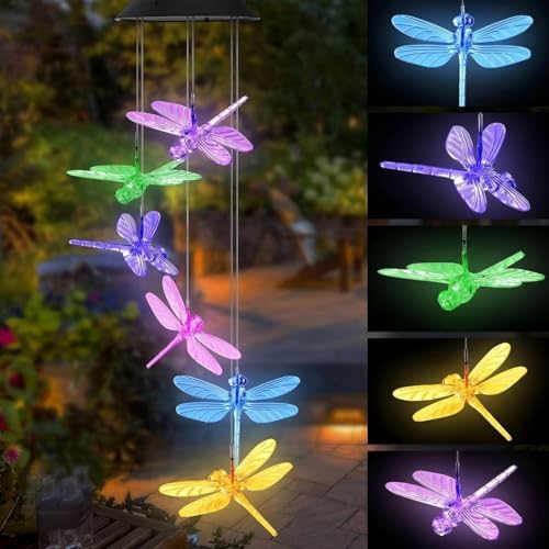 Solar Wind Chimes for Outside,Dragonfly Solar Hanging Lights Outdoor,Dragonfly Gifts for Women,Waterproof Outdoor Solar Powered Lights for Garden Patio Yard Home Decor by AWENDIETOU