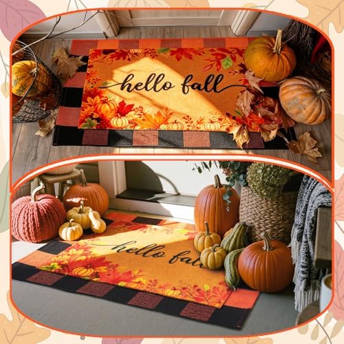 Honoson 2 Pack Fall Doormat, Orange Black Checkered Rug Non Slip Backing - Image 4