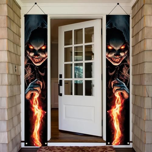 2PCS Halloween Porch Banners Evil Clown 71x12 Inch Vertical Hanging Door Decorations, Scary Haunted House Outdoor Signs for Front Porch Trick or Treat Party Entrance Wall Decor - Image 6