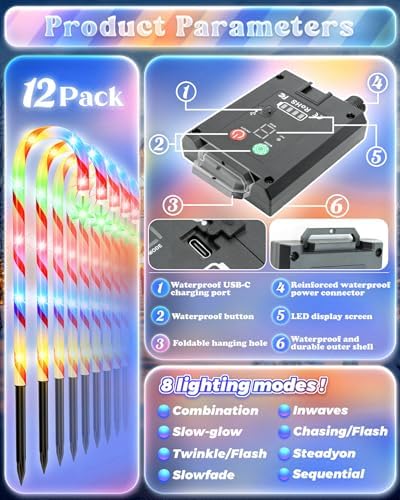 Anordsem Solar Christmas Decorations Outdoor: 21" Candy Cane Lights with Star 12 Pack - Waterproof LED 8 Colorful Lighting Models for Yard Pathway Xmas Decor - 2026 New Year Gifts for Homeowners - Image 2