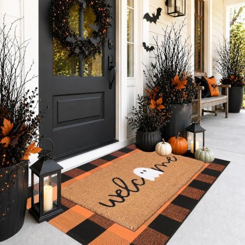 Halloween Decor Doormat Combo Set, Welcome Ghost Coco Coir Welcome Mat + 28" x 43" Orange and Black Plaid Rug, Autumn Halloween Front Porch Entryway Decor Floor Mat - Image 4