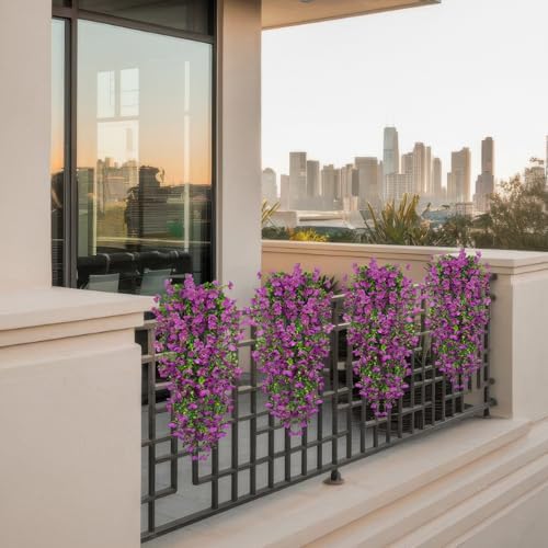 4 Pcs Artificial Hanging Flowers for Outdoors Spring Summer Purple Faux Silk Daisy Flowers UV Resistant Realistic Fake Hanging Plants for Outside Home Indoor Planter Porch Garden Yard Decor - Image 4
