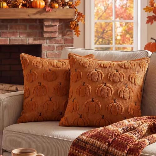 Softalker Fall Throw Pillow Covers 12x12 Set of 2 Small Rust Pumpkin Covers - Image 3