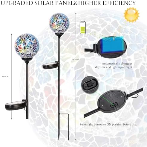 VCUTEKA Decorative Solar Garden Lights, 3.5" Mosaic Globe Outdoor Stake - Image 2