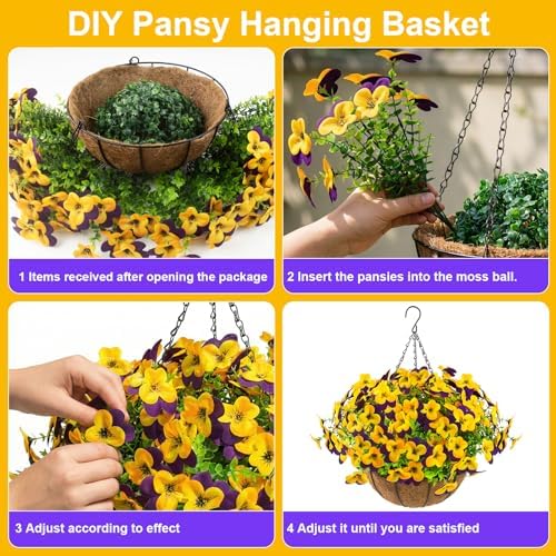 lovemoon 2 Set Artificial Outdoor Pansies Flowers with Hanging Baskets, 2 Hanging Planters with 24 Pcs Silk Pansy Flowers for Spring Easter Decorations Porch Patio Home Decor (2, Purple, Yellow) - Image 5