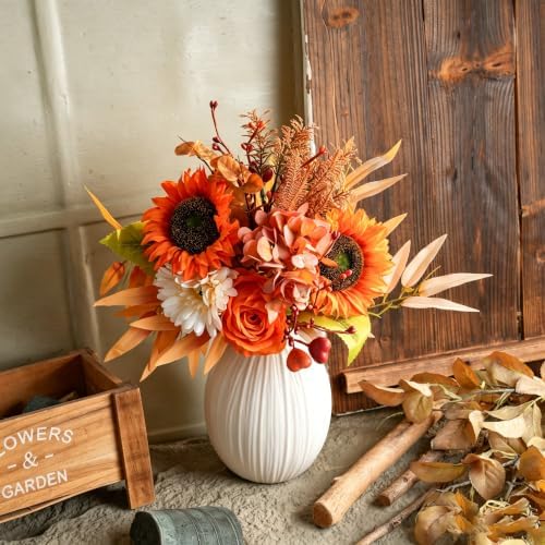 LUEUR Artificial Fall Sunflower with Vase – Faux Autumn Hydrangea & Rose - Image 5