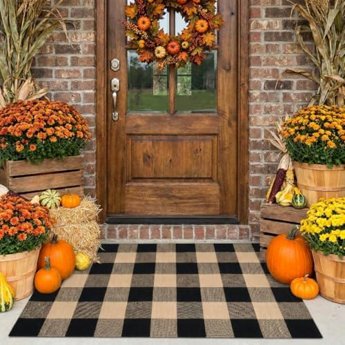 MUBIN Fall Decor Cotton Buffalo Plaid Rug, 27.5x43 Coffee Black Outdoor Rug Front Door Decorative Mat, Washable Doormat Foldable Area Rug Layered Door Mats Rug for Front Porch, Entryway, Patio - Image 3