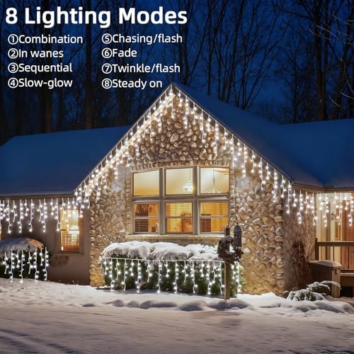 Christmas Outdoor Icicle Lights - 480 LED 66+33 FT 8 Modes Curtain Fairy String Light Plug in, Waterproof for Eaves Yard Holiday Xmas Holiday Indoor Outdoor Decoration - White - Image 2