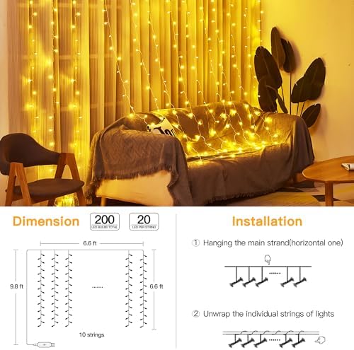 Ollny Curtain Lights 6.6x6.6ft, 200LED String Lights with Remote Warm White - Image 2