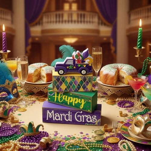 Lineshading 4 Pcs Mardi Gras Tiered Tray Decor Wooden Blocks, Truck - Image 6