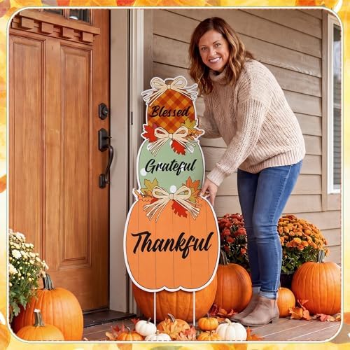 Thyle 2 Pcs Large Fall Front Porch Decoration Outdoor Pumpkin Porch Sign Yard Stake Outside Autumn Garden Stakes Harvest Welcome Decor Blessed Thankful Yard Signs for Front Door Garden Patio Lawn - Image 6
