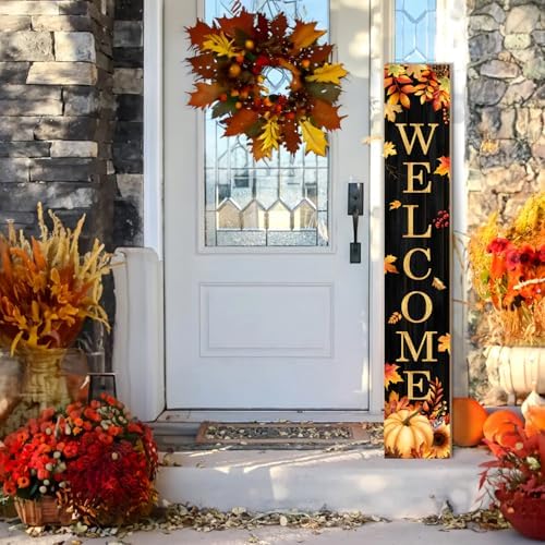 Fall Welcome Porch Sign, Pumpkin Signs for Front Porch, Maples Door Sign Yard, Vertical Wood Sign Standing for Patio Front Door Porches, Autumn Holiday Thanksgiving Home Party Decor for Wall Yard Indoor Outdoor, 47x8 inch - Image 4