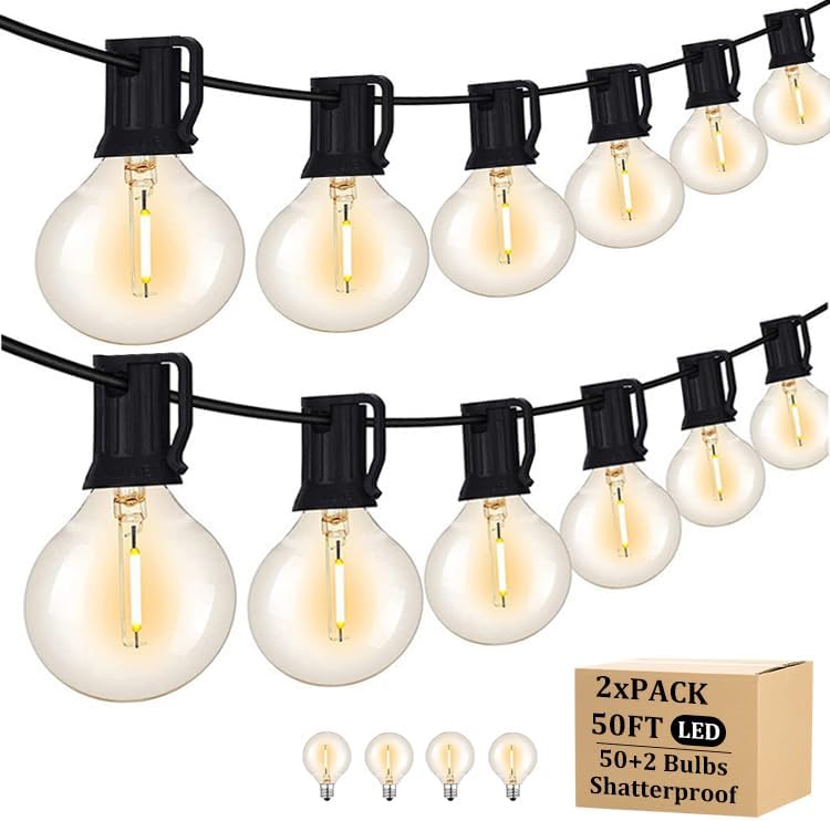 100FT Outdoor String Lights with 102 Shatterproof G40 LED Clear Globe Bulbs for Indoor/Outdoor, 2-Pack 50FT Connectable Hanging Lights for Party Decor by Unknown