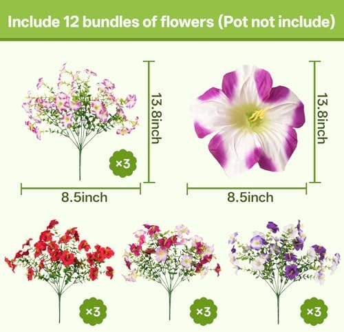 Artificial Faux Petunias Flowers for Outdoors, 12 Bundles UV Resistant Fake Petunias Plants Realistic Silk Flower for Porch Planters Garden Porch Balcony Porch Yard Window Box - Image 2