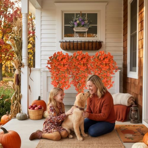 6 Pcs Fall Artificial Hanging Flowers for Outdoors, 30 Inch Burnt Orange Morning Glory Vines UV Resistant Fake Hanging Plants Silk Hanging Flowers for Garden Porch Patio Window Box Decor - Image 4