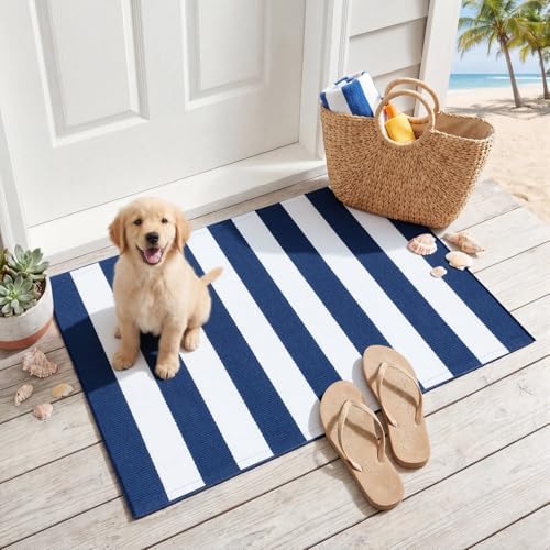 Duraaamo Nautical Navy White Stripe Outdoor Rug 2' X 3' for Front Porch - Image 6