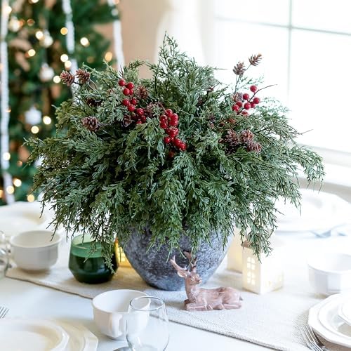Faux Cedar Stems Artificial Norfolk Pine Branches for Christmas Decorations, 17 PCS Faux Pine Stems with Pinecones Red Berries Branches Realistic Faux Greenery for Vases DIY Garland Xmas Table Indoor - Image 3