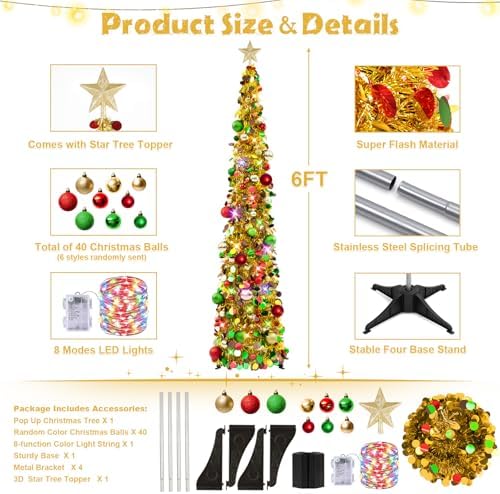 N&T NIETING Pop Up Christmas Tree with Lights & Ornaments, 6FT, Gold - Image 3