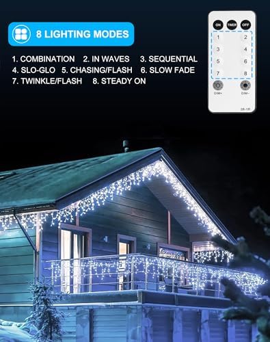 Christmas Outdoor Icicle Lights 624 LED 59FT with 96 Drops, Icicle LLights For Outside Cool White Waterproof for Roof/Gutter/Wedding, 8 Modes & Remote, Timer, Energy-Efficient Holiday Decorations - Image 2