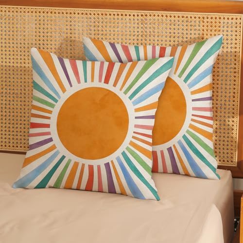 Summer Pillow Covers 18x18 Set of 2, Boho Sun Throw Pillows Stripes Yellow Blue Orange Sunshine Decorations Watercolor Rainbow Pillowcase Linen Boho Outdoor Decor Cushion Case for Home Sofa - Image 2