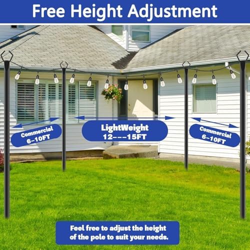 10 Pack 10 ft Heavy Duty Metal String Light Poles Adjustable Outdoor Lighting Stand for Patio,Backyard,Garden,Party & Wedding Rustproof & Sturdy with Hooks - Image 6